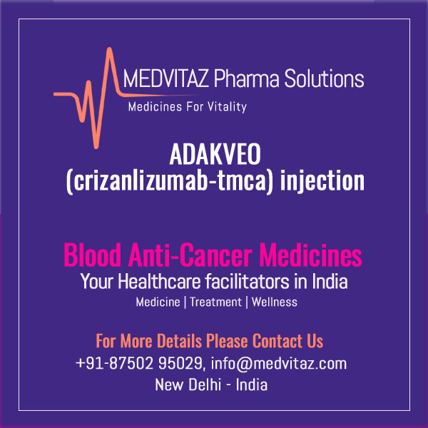 ADAKVEO (crizanlizumab-tmca) injection, for intravenous use. Initial U.S. Approval: 2019